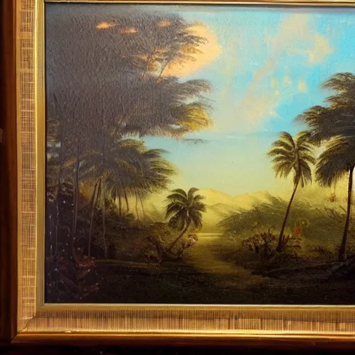 Image similar to a dusty old framed painting of a beautiful tropical landscape