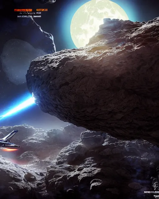 Image similar to a detailed space fighter emerging from behind an asteroid, detailed render, post - processing, extremely hyperdetailed, intricate, epic composition, cybernetics, 4 k realistic, cryengine, realistic shaded lighting, sharp focus, masterpiece, detailed eyes by matteo scalera, gary montalbano, peter elson in the style of the tokyo ghost comic