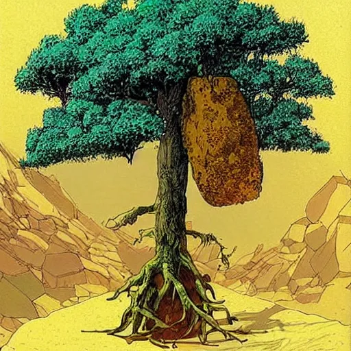 Prompt: a large tree growing from a large floating crystal in space, by moebius