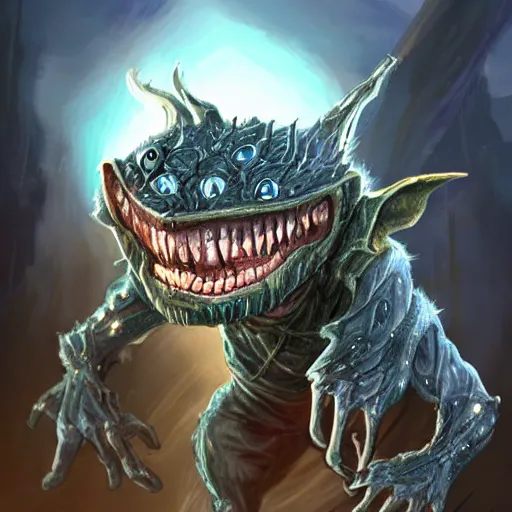 Image similar to a highly detailed goblin with grey skin and blue eyes that glow, with a windy background, like magic the gathering, goblin chainwalker,, digital art, by christopher rush