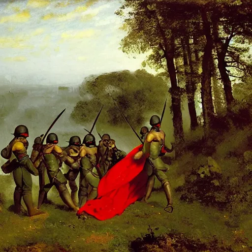 Image similar to soldiers with shields and swords and bows! hiding behind trees! on an elevated hill in a! misty, foggy! forest looking down on a army of gladiators with red capes, walking on a path through the forest below them.! shiny swords, well equiped. painting by gustave courbet, 4 k, realistic, anatomically correct, beautiful