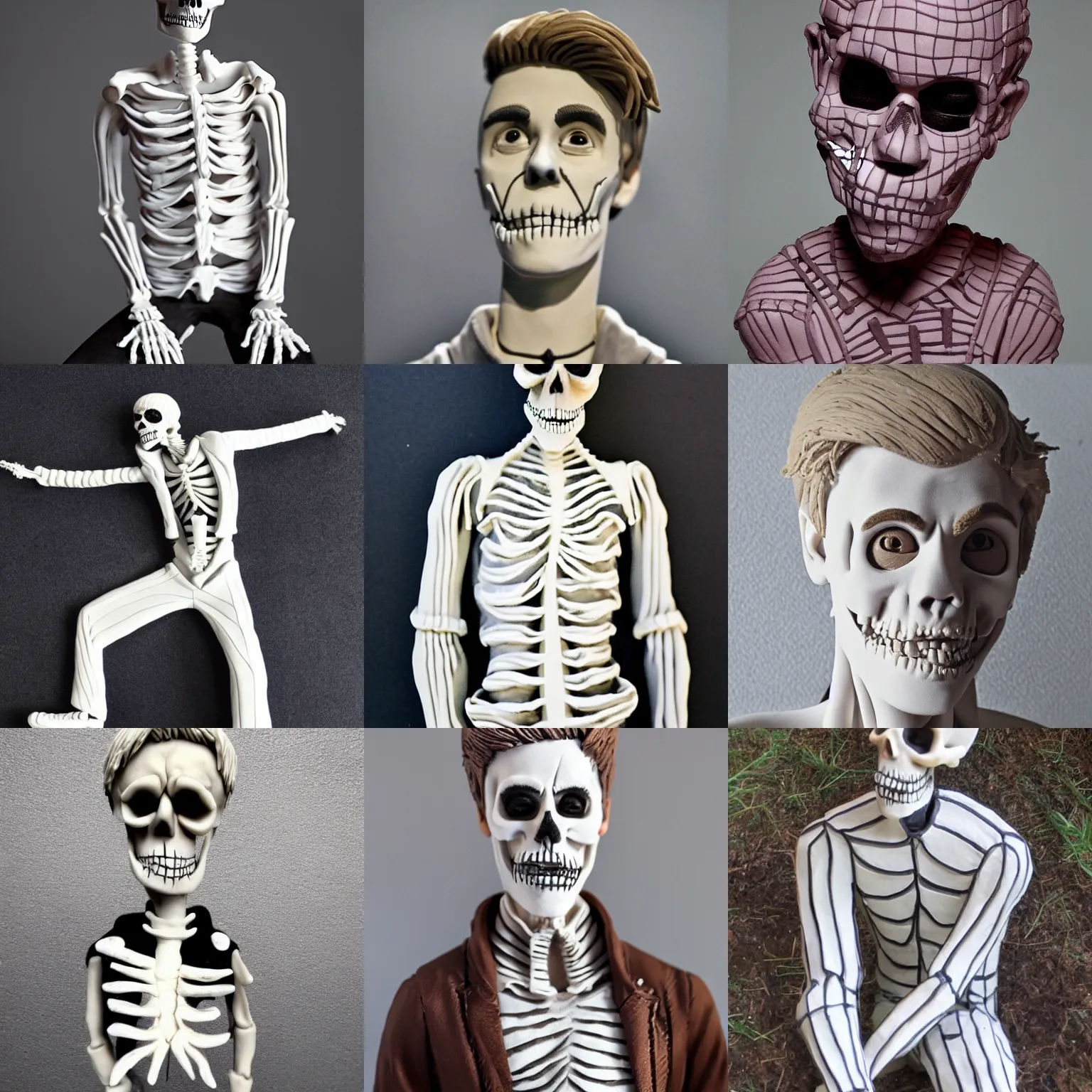 Prompt: justin bieber as a skeleton, clay sculpture