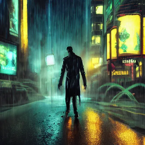 Prompt: frankenstein's monster wearing a trench coat on a wet nighttime street, cyberpunk, synthwave, trending on art station, trending on deviantart, 8 k resolution, epic digital art