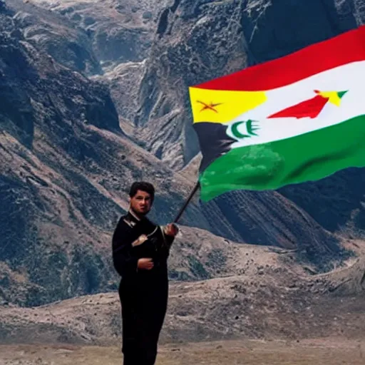 Image similar to kurdish astronaut holding a iraqi kurdistan flag in a movie directed by christopher nolan, movie still frame, promotional image, imax 7 0 mm footage