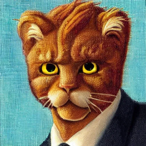 Prompt: pointilist painting of garfield highly detailed horror teeth