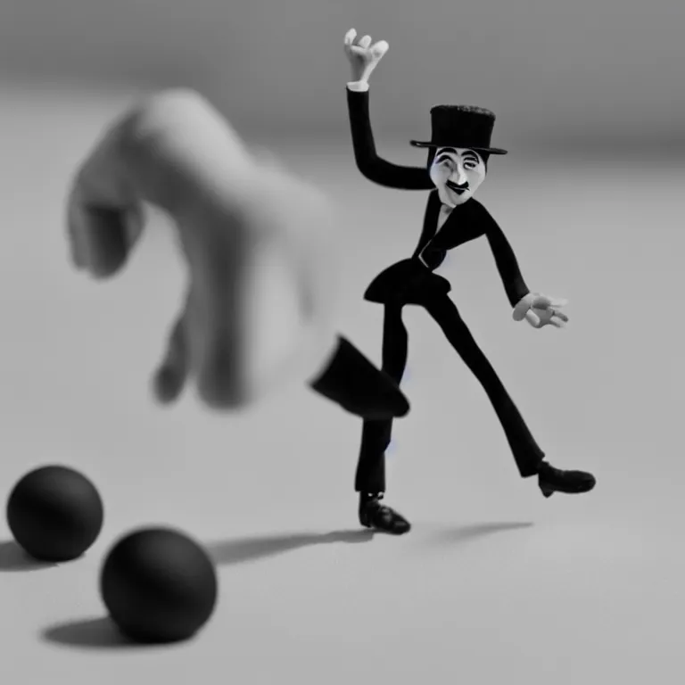Image similar to a cinematic film still of a claymation stop motion film starring charlie chaplin, shallow depth of field, 8 0 mm, f 1. 8