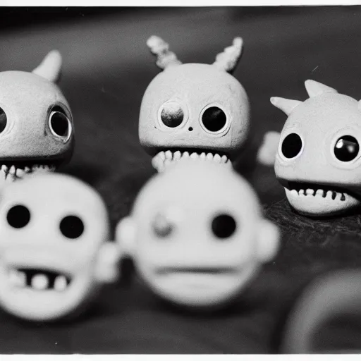 Image similar to a 35mm photo of adorable little toy monsters holding a meeting