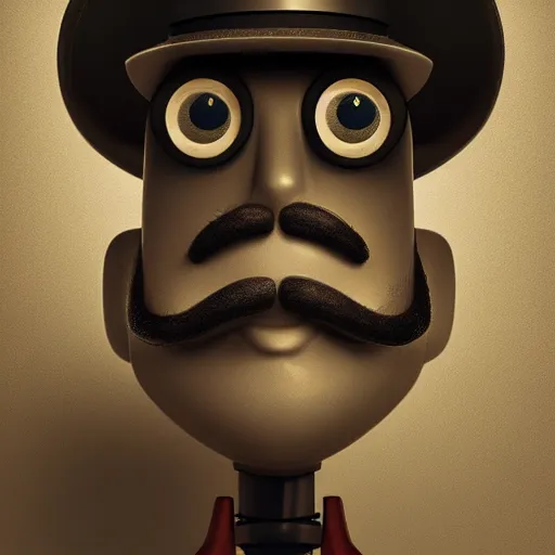 Prompt: portrait of a robot with a moustache wearing hat painting a canvas, big head, high detail, beautiful light, depth of field, sharp focus, clean design, 4 k, pixar, low saturation, octane render