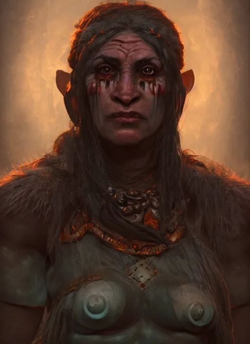 Image similar to A fantasy comic book style portrait painting of a shaman female orc in a atmospheric dark fortress, unreal 5, DAZ, hyperrealistic, octane render, RPG portrait, ambient light, dynamic lighting