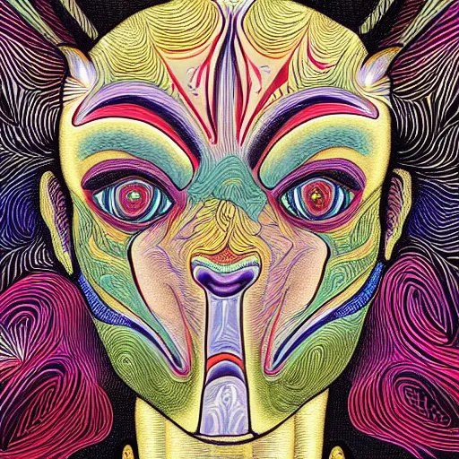 Image similar to a mule in the style of alex grey