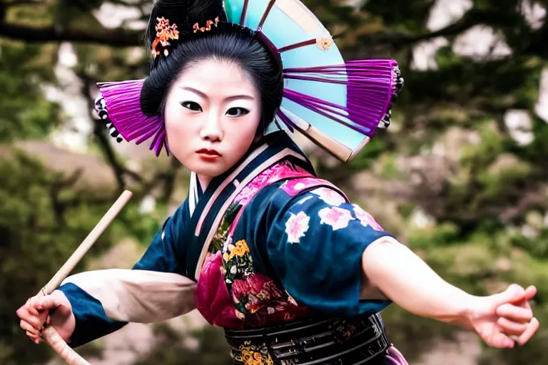 Image similar to beautiful photo of a geisha samurai warrior, mid action swing, muted pastels, action photography, 1 / 1 2 5 shutter speed, back lit lighting