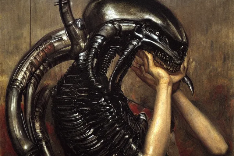 Image similar to sad portrait of a xenomorph in new york airport by sir john everett millais, photorealistic, hyperdetailed, ethereal, masterpiece, oil painting