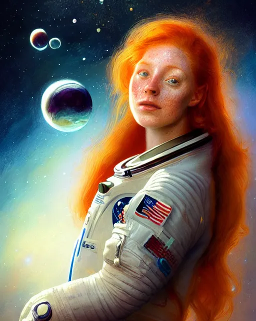 Image similar to female astronaut, perfect face, ginger hair, cinematic, freckles, stunning, athletic, strong, agile, highly detailed, psychedelic, digital painting, artstation, smooth, hard focus, illustration, art by jessica rossier and and brian froud