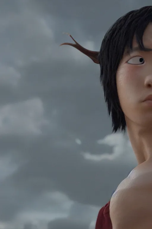 Image similar to close up still shot of young zuko from the live action movie avatar the last airbender standing on the diving board, 3 5 mm, highly detailed, dynamic lighting