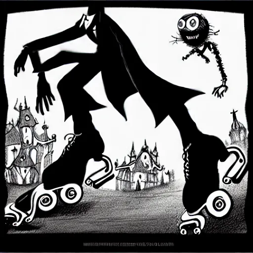 Image similar to black and white trippy comic art of dracula the vampire roller skating on roller skates, drawn by martin rowson, tim burton, studio ghibli, alex pardee, nekro petros afshar, james mcdermott, surrealist, cgsociety 4 k