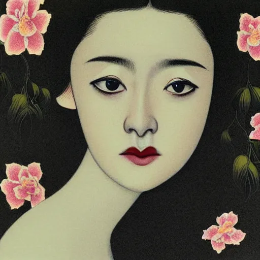 Image similar to “ dakota fanning portrait by ikenaga yasunari and ayana otake and ko rakusui, 6 0 s poster, drawing, realistic, sharp focus, japanese, dreamy, nostalgia, faded, golden hues, floral clothes, porcelain skin ”