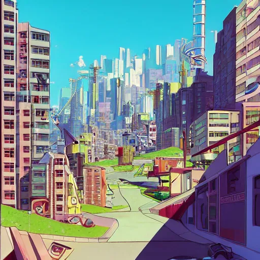 Prompt: futuristic city on a mountainside, red - yellow - blue buildings, city, cel - shaded, raytracing, cel - shading, toon - shading, 2 0 0 1 anime, flcl, jet set radio future, drawn by artgerm