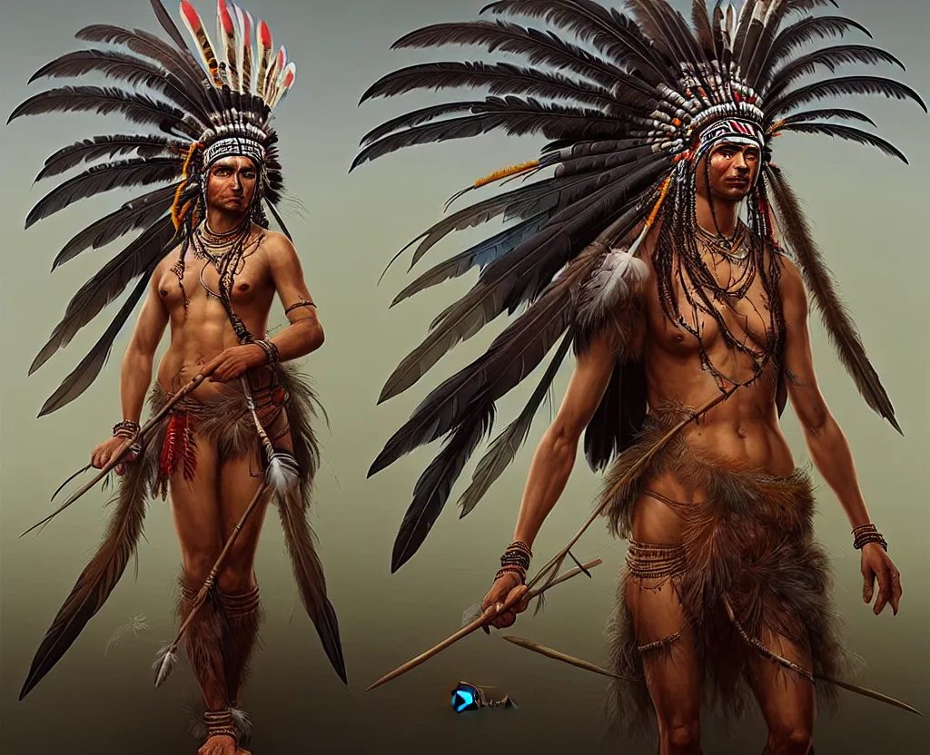 Prompt: very sharp ultra detailed indigenous with feather headdress, amazon indian peoples in brazil, physically based rendering, defined features by ellen jewett, tomasz alen kopera and justin gerard, full body
