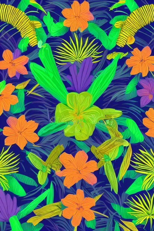 Image similar to moody Intricate detailed vector illustration of tropical flowers and green reeds, multiple cohesive colors ranging from warms purples to bright oranges on a ((very dark background)), 4K resolution