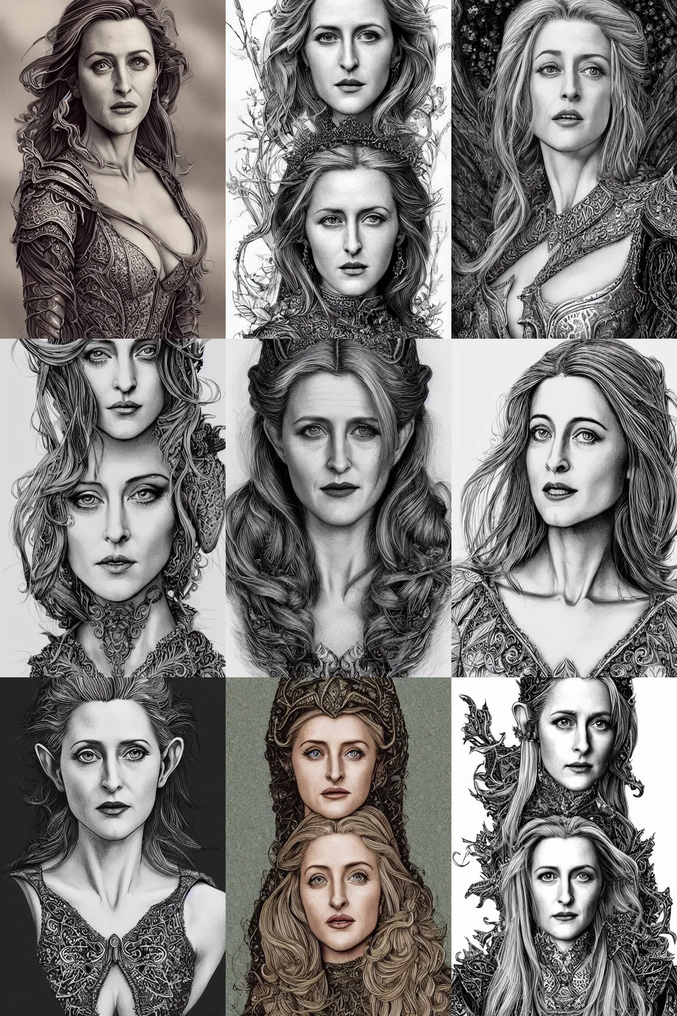 Prompt: alluring highly-detailed pen and ink illustration portrait of an attractive young elf woman (played by a youthful 1990s Gillian Anderson), clothed in a chesty fantasy outfit, intricate, elegant, highly detailed, digital painting, trending on Artstation, concept art, smooth, sharp focus, illustration, in the style of artgerm and greg rutkowski and alphonse mucha