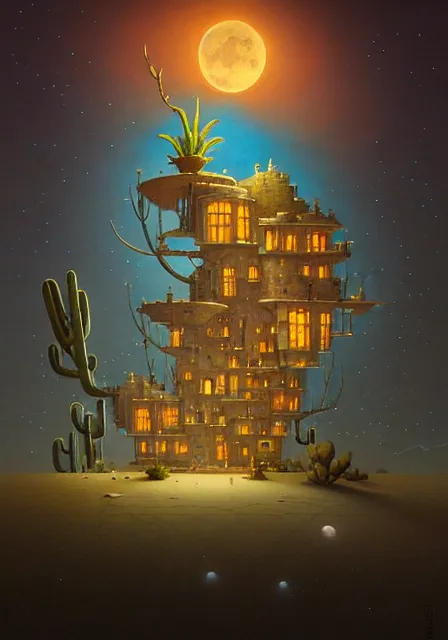 Image similar to a single building flying above a desert oasis in a moonlit night in the style of peter mohrbacher and jacek yerka, detailed