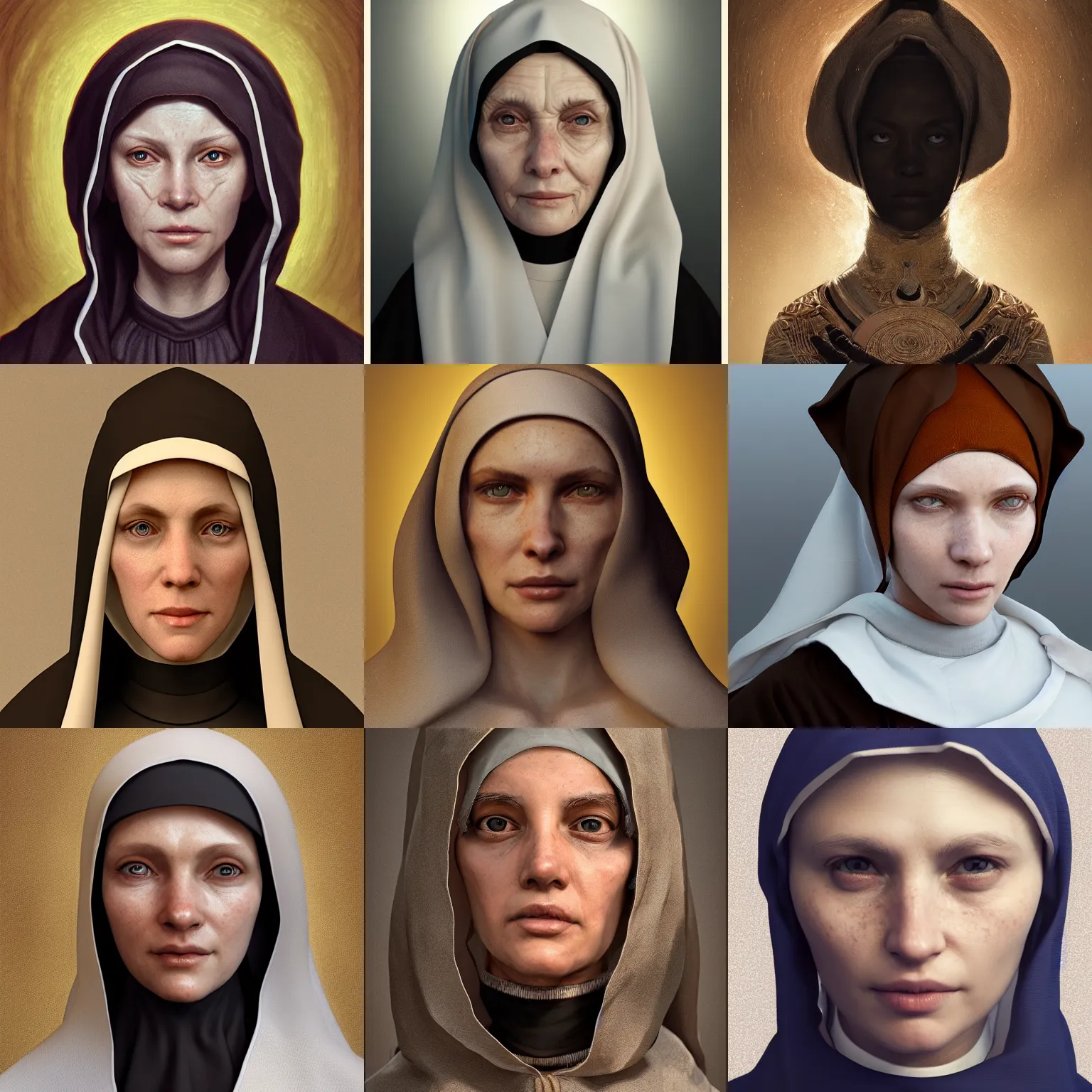 Prompt: nun portrait, au naturel, hyper detailed, digital art, trending in artstation, cinematic lighting, studio quality, smooth render, unreal engine 5 rendered, octane rendered, art style by klimt and nixeu and ian sprigger and wlop and krenz cushart.