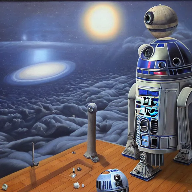 Image similar to an oil on canvas portrait painting of r 2 d 2, surrealism, surrealist, cosmic horror, rob gonsalves, high detail