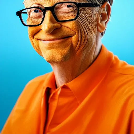 Image similar to UHD candid photo of Bill Gates dressed in orange jumpsuit, wearing extremely accurate clown makeup, accurate face, UHD, photorealistic, correct face, photo by Annie Leibowitz