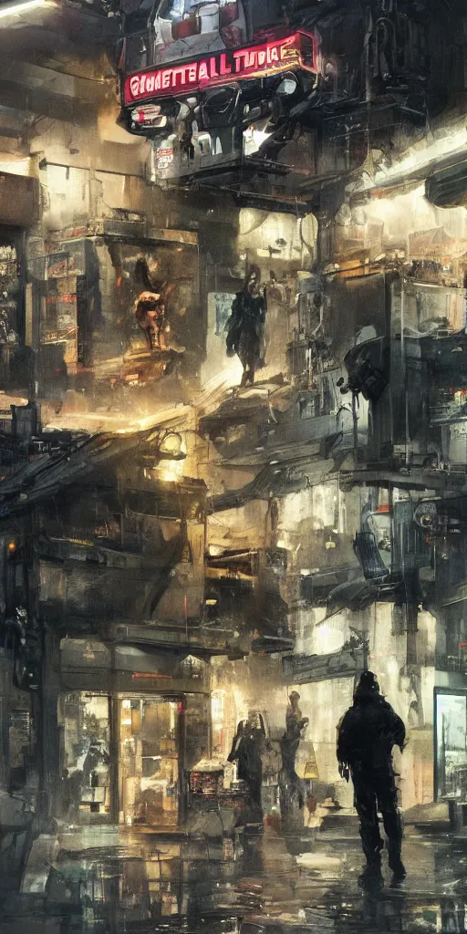 Image similar to the entrance of general store seven - eleven located in the middle of a sci - fi city, street view, sci - fi cars, painted by ashley wood and phil hale, blade runner, masterpiece, award - winning, sharp focus, intricate concept art, ambient lighting, 8 k, artstation, pixiv