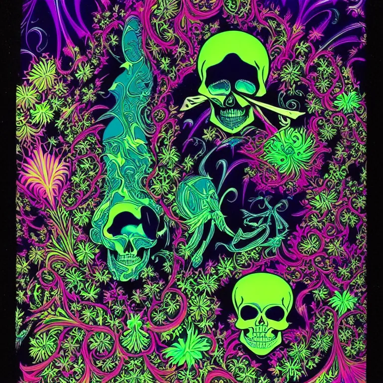 Image similar to psychedelic skull infinite fractal worlds bright neon colors highly detailed cinematic eyvind earle tim white philippe druillet roger dean lisa frank aubrey beardsley