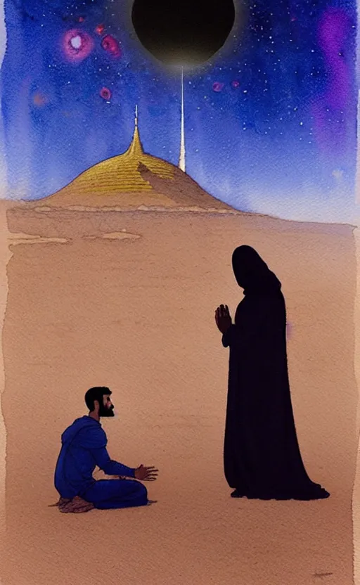 Image similar to a hyperrealist watercolour character concept art portrait of two middle eastern men kneeling down in prayer in front of a 1 2 ft. thin alien on a misty night in the desert. a ufo is in the background. by rebecca guay, michael kaluta, charles vess and jean moebius giraud