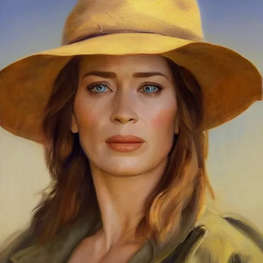 Image similar to ultra realistic portrait painting of john emily blunt as farmer, art by frank frazetta, 4 k, ultra realistic, highly detailed, epic lighting