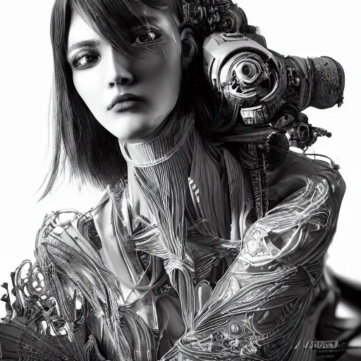 Prompt: the portrait of an absurdly beautiful, graceful, elegant, sophisticated, fashionable cyberpunk gravure idol, an ultrafine hyperdetailed illustration by kim jung gi, irakli nadar, intricate linework, bright colors, porcelain skin, unreal engine 5 highly rendered, ai concept art, global illumination, radiant light, detailed and intricate environment