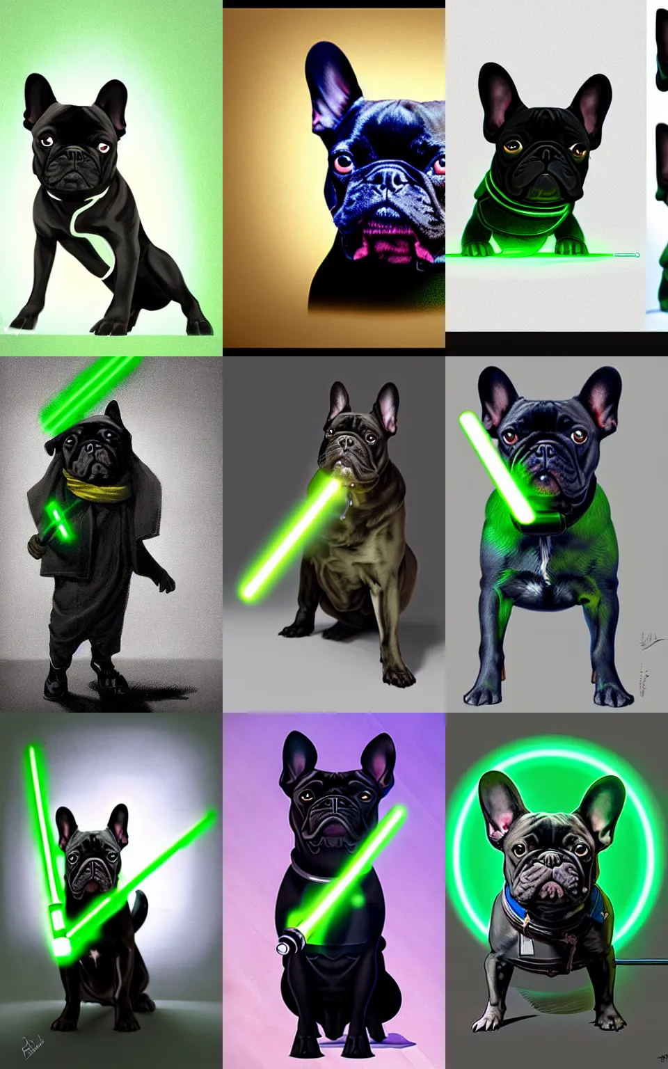 Prompt: character concept portrait, jedi black french bulldog holding a bright green lightsaber. dark room. in the style digital painting, concept art, smooth, sharp focus, illustration, from metal gear, by ruan jia and mandy jurgens and william - adolphe bouguereau, artgerm