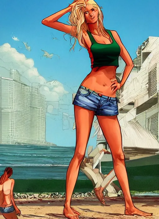 Prompt: , a gorgeous hulking woman with very long hip-length blonde hair, happy sunny day, wearing a cut-off white top and red dirt cut-off shorts standing by the water, beach tennis, modern architecture, in the style of artgerm and moebius and annie liebovitz, marvel comics, photorealistic, highly detailed, trending on artstation, Gediminas Pranckevicius