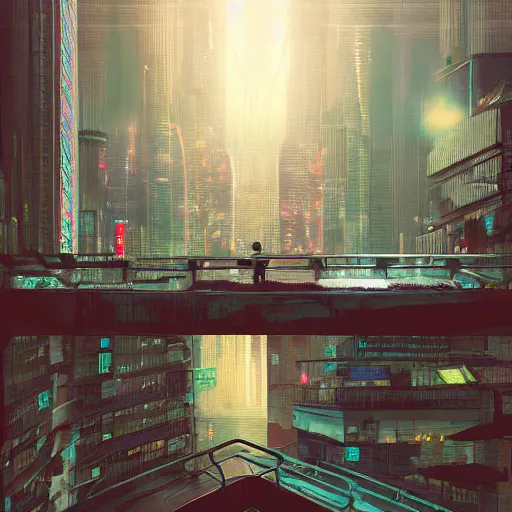 Image similar to a man standing on top of a bridge over a city, cyberpunk art by Vincent Lefevre, behance contest winner, altermodern, cityscape, synthwave, matte painting