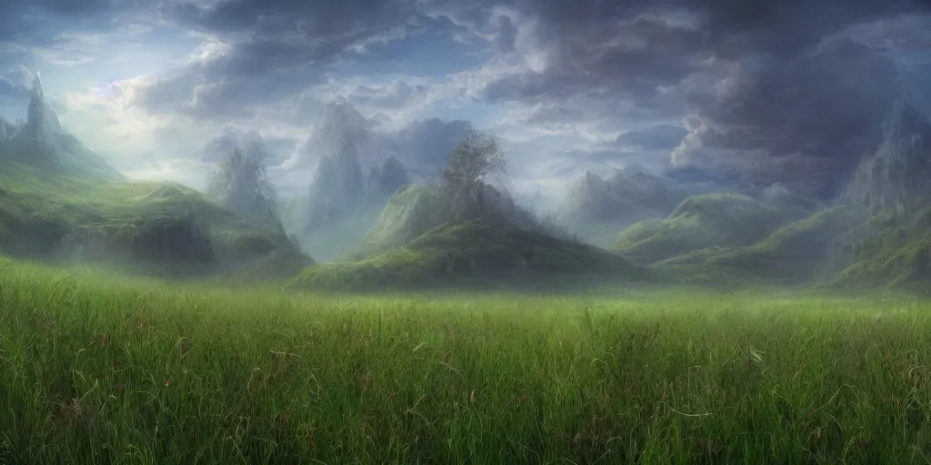 Prompt: beautiful matte painting of a fantasy grassy fields