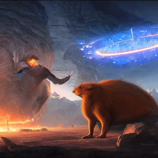 Image similar to giant capybara fighting sauron in mordor by makoto shinkai, stanley artgerm lau, wlop, rossdraws, james jean, andrei riabovitchev, digital art