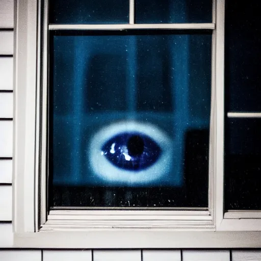 Image similar to photo of dark blue rainy bedroom window at night, creepy face staring in through the window,