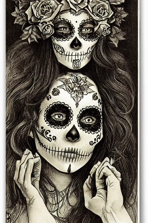 Prompt: Illustration of a sugar skull day of the dead girl, art by franklin booth