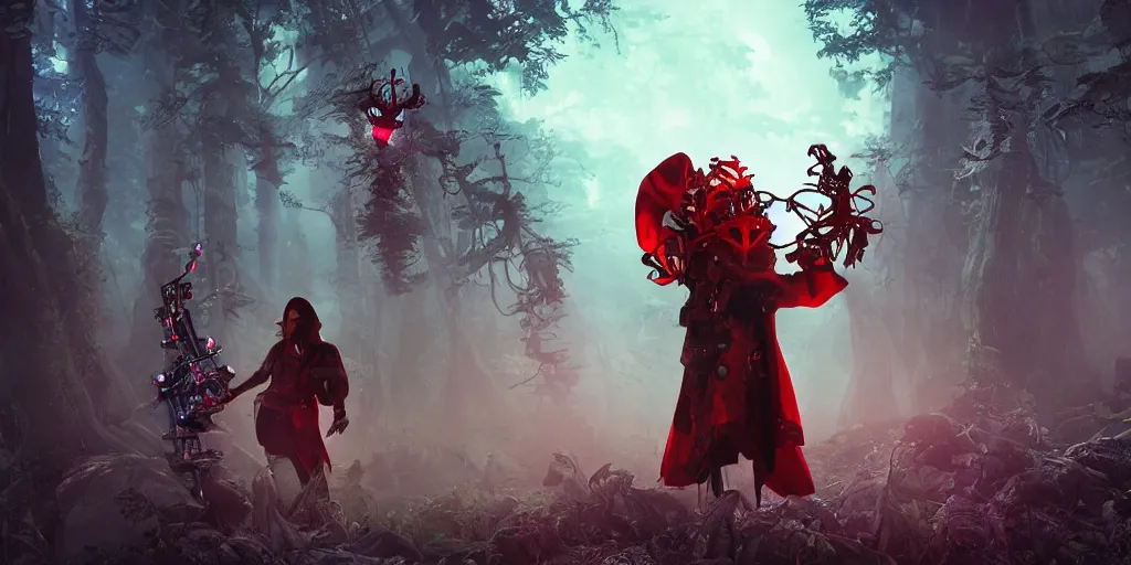 Image similar to red ridding hood and gamemaster unit hunting for mystical forest monster and wearing a steampunk and neonpunk mechanical fluorescent mystical animal mask. realism fornite style. full body, product introduction photos. luminescent, elements, by tooth wu and wlop and beeple and greg rutkowski, epic cinematic shot, perfectly defined features, ambient occlusion