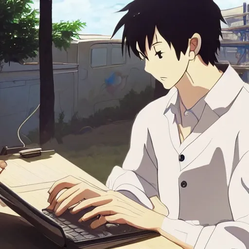 Image similar to concept art of man working on laptop at sunny beach, perfect face, fine details, by makoto shinkai and studio ghibli and kyoto animation