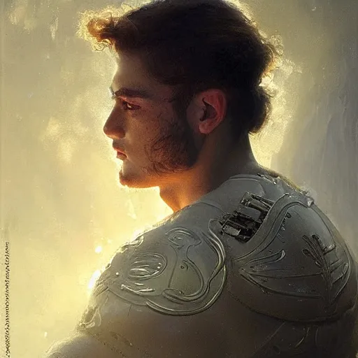 Image similar to handsome portrait of a young guy fitness posing, war hero, studying, radiant light, caustics, reflective water, by gaston bussiere, bayard wu, greg rutkowski, giger, maxim verehin