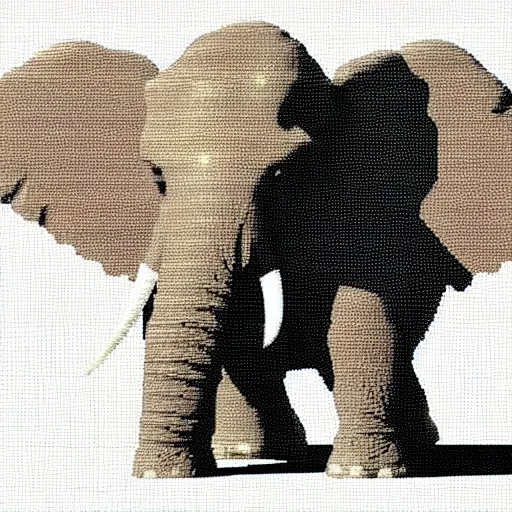 Image similar to a pixelated 1 bit elephant, infront of the elephant is a pixelated 1 bit golden sword.