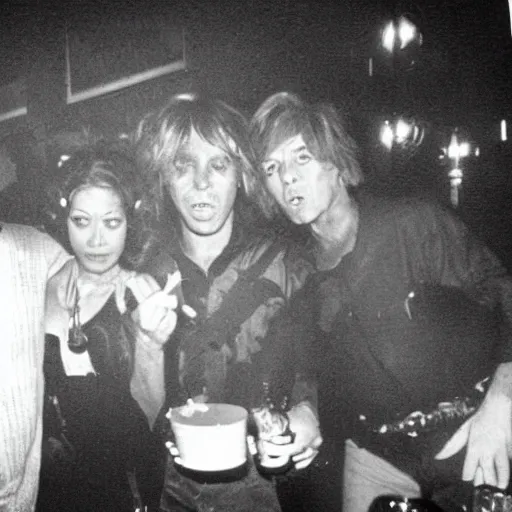 Image similar to extremely realistic toho godzilla partying at studio 5 4 b & w grainy photograph lots of celebrities including very realistic andy warhol