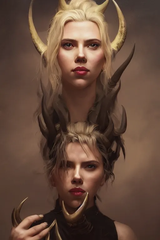 Prompt: a fancy portrait of a Scarlett Johansson with horns by Greg Rutkowski, Sung Choi, Mitchell Mohrhauser, Maciej Kuciara, Johnson Ting, Maxim Verehin, Peter Konig, final fantasy , mythical, 8k photorealistic, cinematic lighting, HD, high details, atmospheric,