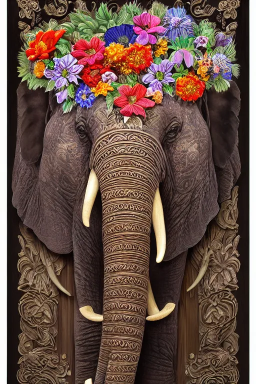 Image similar to Painted dark-wood panel relief carving of a Flowerpunk Matriarch Elephant, ornate border frame, explosion of colorful flowers, dark wood, intricately carved, black ink, festival of rich colors, intricate details, cinematic lighting, volumetric lighting, post-processing, by andreas rocha and john howe, and Martin Johnson Heade, featured on artstation, featured on behance, golden ratio, hyper detailed, photorealistic, epic composition, center spotlight, f32, well composed, UE5, 8k