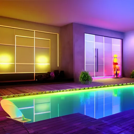 Image similar to govee hue led strip lighting, swiming pool, scene, colourful, 8 k, unreal engine, realistic, house and home,