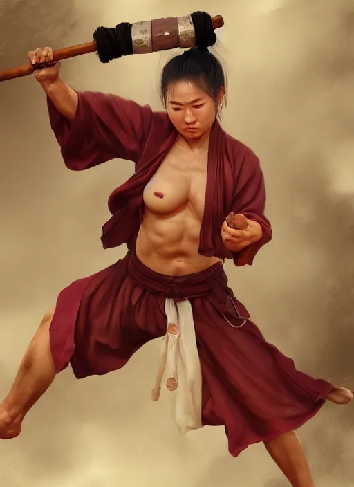 Image similar to female drunken master monk by wlop, wuxia, xianxia, drunken boxing, drunken fist, tanned skin, athletic, detailed, realistic, anatomically accurate, fantasy illustration, artstation, wlop.