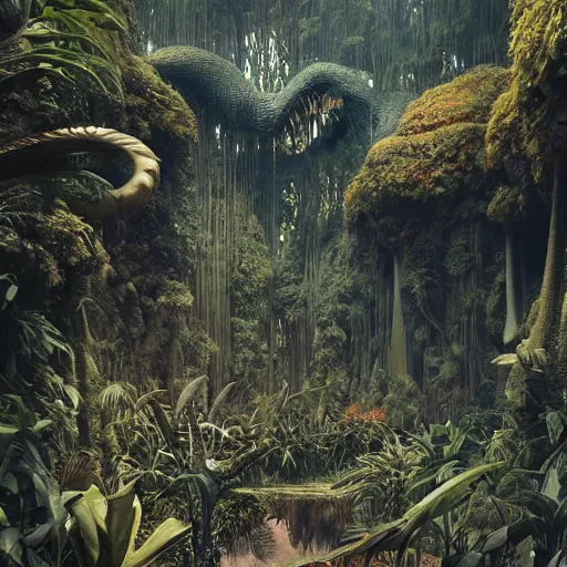 Image similar to epic, ultra detailed, hyper - real alien jungle by zaha hadid and greg rutkowski inside zdzisław beksinski